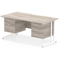 Impulse 1600mm Scalloped Edge Rectangular Desk, White Cantilever Legs, Grey Oak, With 1 x 2 Drawer and 1 x 3 Drawer Fixed Pedestals