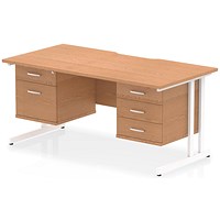 Impulse 1600mm Scalloped Edge Rectangular Desk, White Cantilever Legs, Oak, With 1 x 2 Drawer and 1 x 3 Drawer Fixed Pedestals