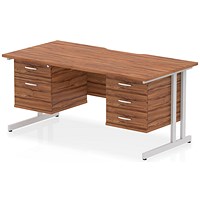 Impulse 1600mm Scalloped Edge Rectangular Desk, Silver Cantilever Legs, Walnut, With 1 x 2 Drawer and 1 x 3 Drawer Fixed Pedestals