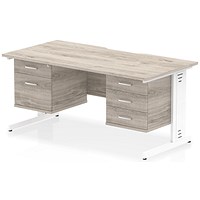 Impulse 1600mm Scalloped Edge Rectangular Desk, White Cable Managed Legs, Grey Oak, With 1 x 2 Drawer and 1 x 3 Drawer Fixed Pedestals