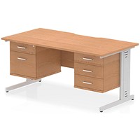 Impulse 1600mm Scalloped Edge Rectangular Desk, Silver Cable Managed Legs, Oak, With 1 x 2 Drawer and 1 x 3 Drawer Fixed Pedestals