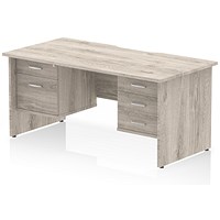 Impulse 1600mm Scalloped Edge Rectangular Desk, Panel End Legs, Grey Oak With 1 x 2 Drawer and 1 x 3 Drawer Fixed Pedestals