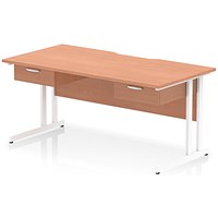 Impulse 1600mm Scalloped Edge Rectangular Desk, White Cantilever Legs, Beech, With 2 x 1 Drawer Fixed Pedestals