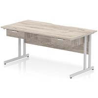 Impulse 1600mm Scalloped Edge Rectangular Desk, Silver Cantilever Legs, Grey Oak, With 2 x 1 Drawer Fixed Pedestals