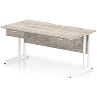 Impulse 1600mm Scalloped Edge Rectangular Desk, White Cantilever Legs, Grey Oak, With 2 x 1 Drawer Fixed Pedestals