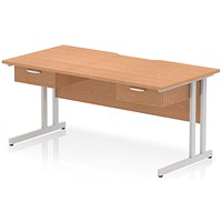 Impulse 1600mm Scalloped Edge Rectangular Desk, Silver Cantilever Legs, Oak, With 2 x 1 Drawer Fixed Pedestals