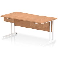 Impulse 1600mm Scalloped Edge Rectangular Desk, White Cantilever Legs, Oak, With 2 x 1 Drawer Fixed Pedestals