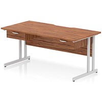 Impulse 1600mm Scalloped Edge Rectangular Desk, Silver Cantilever Legs, Walnut, With 2 x 1 Drawer Fixed Pedestals