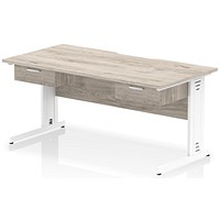 Impulse 1600mm Scalloped Edge Rectangular Desk, White Cable Managed Legs, Grey Oak, With 2 x 1 Drawer Fixed Pedestals