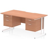 Impulse 1600mm Scalloped Edge Rectangular Desk, White Cantilever Legs, Beech, With 2 x 2 Drawer Fixed Pedestals