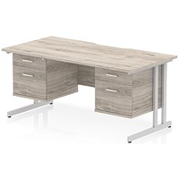 Impulse 1600mm Scalloped Edge Rectangular Desk, Silver Cantilever Legs, Grey Oak, With 2 x 2 Drawer Fixed Pedestals