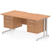 Impulse 1600mm Scalloped Edge Rectangular Desk, Silver Cantilever Legs, Oak, With 2 x 2 Drawer Fixed Pedestals