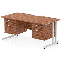 Impulse 1600mm Scalloped Edge Rectangular Desk, Silver Cantilever Legs, Walnut, With 2 x 2 Drawer Fixed Pedestals