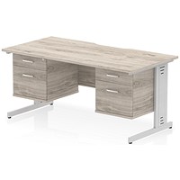 Impulse 1600mm Scalloped Edge Rectangular Desk, Silver Cable Managed Legs, Grey Oak, With 2 x 2 Drawer Fixed Pedestals