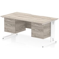 Impulse 1600mm Scalloped Edge Rectangular Desk, White Cable Managed Legs, Grey Oak, With 2 x 2 Drawer Fixed Pedestals