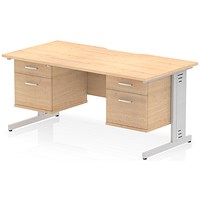 Impulse 1600mm Scalloped Edge Rectangular Desk, Silver Cable Managed Legs, Maple, With 2 x 2 Drawer Fixed Pedestals