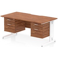 Impulse 1600mm Scalloped Edge Rectangular Desk, White Cable Managed Legs, Walnut, With 2 x 2 Drawer Fixed Pedestals