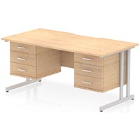 Impulse 1600mm Scalloped Edge Rectangular Desk, Silver Cantilever Legs, Maple, With 2 x 3 Drawer Fixed Pedestals