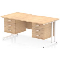 Impulse 1600mm Scalloped Edge Rectangular Desk, White Cantilever Legs, Maple, With 2 x 3 Drawer Fixed Pedestals