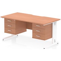 Impulse 1600mm Scalloped Edge Rectangular Desk, White Cable Managed Legs, Beech, With 2 x 3 Drawer Fixed Pedestals