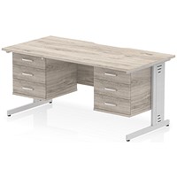 Impulse 1600mm Scalloped Edge Rectangular Desk, Silver Cable Managed Legs, Grey Oak, With 2 x 3 Drawer Fixed Pedestals