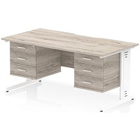 Impulse 1600mm Scalloped Edge Rectangular Desk, White Cable Managed Legs, Grey Oak, With 2 x 3 Drawer Fixed Pedestals