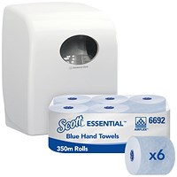 Scott Essentials 1-Ply Hand Towel Roll, 350m, Blue, Pack of 6, Free Dispenser Included