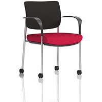 Brunswick Deluxe Visitors Chair, Chrome Frame, Black Back, With Arms and Castors, Bergamot Cherry