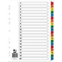 Q-Connect Reinforced Board Index Dividers, 1-20, Multicolour Tabs, A4, White, Pack of 10