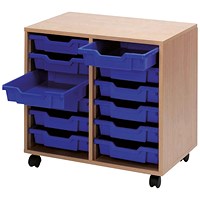 Jemini Mobile Storage Unit, 12 Blue Trays, Beech