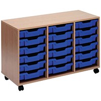 Jemini Mobile Storage Unit, 18 Blue Trays, Beech