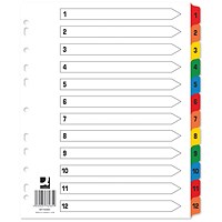 Q-Connect Reinforced Board Index Dividers, Extra Wide, 1-12, Multicolour Tabs, A4, White, Pack of 25