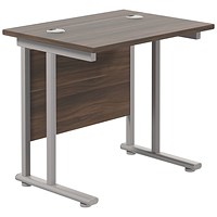 Jemini 800mm Slim Rectangular Desk, Silver Cantilever Legs, Walnut