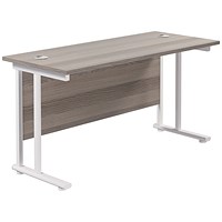 Jemini 1400mm Slim Rectangular Desk, White Cantilever Leg, Grey Oak