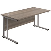 Jemini 1600mm Slim Rectangular Desk, Silver Double Cantilever Leg, Grey Oak