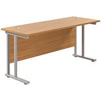 Jemini 1600mm Slim Rectangular Desk, Silver Double Cantilever Leg, Oak