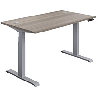 Jemini Sit-Stand Desk, Silver Leg, 1400mm, Grey Oak Top