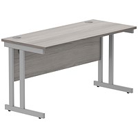 Polaris 1400mm Slim Rectangular Desk, Silver Cantilever Leg, Grey Oak