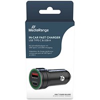 MediaRange 20W In-Car Fast Charger, USB A/USB C Port, Black