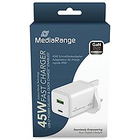 MediaRange GaN Fast Charging Adapter UK Plug, 1xUSB-C and 1xUSB-A, 45W, White MediaRange GaN Fast Charging Adapter UK Plug, 1xUSB-C and 1xUSB-A, 45W, White