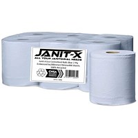 Janit-X Eco 2-Ply 100% Recycled Centrefeed Rolls, 200mmx170mm, 400 Sheets, Blue, Pack of 6