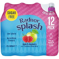 Radnor Splash Sugar Free Apple & Raspberry Flavoured Water, Sports Cap Plastic Bottles, 500ml, Pack of 12