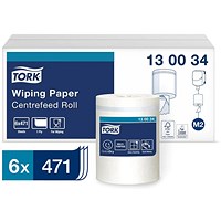 Tork M2 Wiping Paper 1-Ply Centrefeed Rolls, 135m, White, Pack of 6