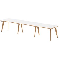 Oslo 3 Person Bench Desk, Side by Side, 3 x 1200mm (800mm Deep), White Frame with Wooden Leg and Edge