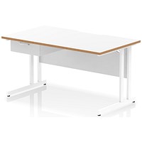 Oslo 1400 Scalloped and Wood Edge Rectangular Desk, Cantilever Legs, White, With 1 Drawer Fixed Pedestal