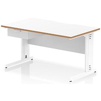 Oslo 1400 Scalloped and Wood Edge Rectangular Desk, Cable Managed Legs, White, With 1 Drawer Fixed Pedestal