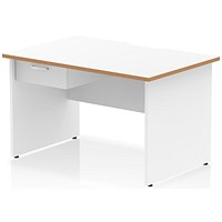 Oslo 1200 Scalloped and Wood Edge Rectangular Desk, Panel End Legs, White, With 1 Drawer Fixed Pedestal