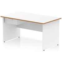 Oslo 1400 Scalloped and Wood Edge Rectangular Desk, Panel End Legs, White, With 1 Drawer Fixed Pedestal