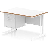 Oslo 1200 Scalloped and Wood Edge Rectangular Desk, Cantilever Legs, White, With 2 Drawer Fixed Pedestal