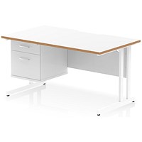 Oslo 1400 Scalloped and Wood Edge Rectangular Desk, Cantilever Legs, White, With 2 Drawer Fixed Pedestal